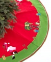 Head south for the winter with a tree skirt trimmed in palms and pink flamingos. Embroidered accents and ribbons of red and green lay the groundwork for a bright and sunny holiday.