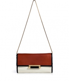With a cool colorblock and modern black trim, Diane von Furstenbergs tri-tone leather clutch lends a contemporary edge to day and evening looks alike - Flap with matte push-lock bar closure, back slot pocket, removable snake-chain shoulder strap, inside zippered back wall pocket and card slot, gold-toned hardware - Wear during the day with edgy separates, or carry as a clutch at night with sleek cocktail frocks