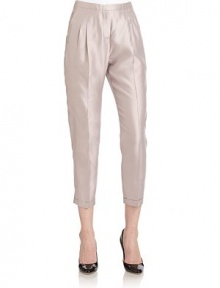 THE LOOKNarrow waistband Front zipper with hook closurePleated frontFront seam pocketsCropped silhouetteCuffed hemBack notch waistBack dartsBack welt button pocketTHE FITRise, about 10Inseam, about 25THE MATERIALSilkCARE & ORIGINDry cleanMade in ItalyModel shown is 5'10 (177cm) wearing US size 4. THE LOOKNarrow waistband Front zipper with hook closurePleated frontFront seam pocketsCropped silhouetteCuffed hemBack notch waistBack dartsBack welt button pocketTHE FITRise, about 10Inseam, about 25THE MATERIALSilkCARE & ORIGINDry cleanMade in ItalyModel shown is 5'10 (177cm) wearing US size 4.