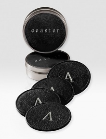 Simple yet refined, these entertaining essentials are made of French calfskin with protective, non-skid backing. Set arrives in a tin canister with leather top Perfect gift idea 4 diameter Made in USAFOR PERSONALIZATIONSelect a color and quantity, then scroll down and click on PERSONALIZE & ADD TO BAG to choose and preview your personalization options. Please allow 1 week for delivery.