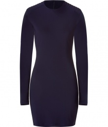 Stylish mini dress in a navy blue nylon-spandex blend - Fashionable tube dress, looks sexy, seductive and ultra elegant - Slim cut and body-hugging with long, slim sleeves, a small round neck and zipper - Accentuated, shown off shoulders - With leather patches on the elbows - A dream dress for cocktails and parties - Stylish with baby booties, sandals Stylish mini dress in a navy blue nylon-spandex blend - Fashionable tube dress, looks sexy, seductive and ultra elegant - Slim cut and body-hugging with long, slim sleeves, a small round neck and zipper - Accentuated, shown off shoulders - With leather patches on the elbows - A dream dress for cocktails and parties - Stylish with baby booties, sandals