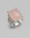 From the Wheaton Collection. A faceted cushion of milky pink opal, edged by rows of diamonds, in a wide cable band of sterling silver. Diamonds, 0.27 tcw Pink opal Sterling silver Width, about ½ Imported 