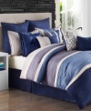 Modern style gets relaxed in shades of soothing blues and lavender. Featuring textured ruching and pieced, colorblock panels embellished with embroidery, the Verona comforter set takes casual comfort to a new level of sophistication. Also includes five decorative pillows and coordinating coverlet.