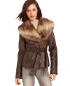 An oversized faux-fur collar adds a luxe appeal to this GUESS faux-leather coat -- a statement-making layering piece!