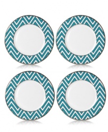 A turquoise zigzag pattern and pretty platinum trim define Mikasa Color Studio accent plates with bold, standout style. A turquoise zigzag pattern and pretty platinum trim define Mikasa Color Studio accent plates with bold, standout style.
