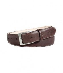 Classic cool is a cinch with Paul Smiths dark brown belt - Supple, gently pebbled leather and  rectangular silver-tone buckle - White stitch trim and taupe leather lining Versatile, medium width style ideal for any number of occasions - Pair with chinos, dress trousers or dark denim