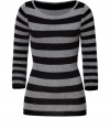 Update your cold weather look with this ultra-chic striped cashmere pullover from Dear Cashmere - Round neck, three-quarter sleeves, slim fit, long body - Pair with skinny jeans, embellished ballet flats, and a sleek parka