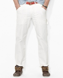 The comfortable feeling of a well-worn favorite comes through in the stylish Painter pant, crafted with hints of paint splatters for an aged appearance. The comfortable feeling of a well-worn favorite comes through in the stylish Painter pant, crafted with hints of paint splatters for an aged appearance.