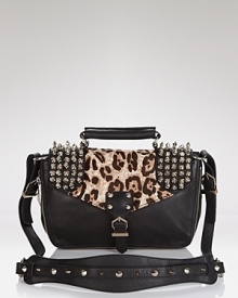 Sam Edelman lends a tough girl touch to this statement-making messenger bag with bold spikes, black leather, and a luxe leopard print. Sam Edelman lends a tough girl touch to this statement-making messenger bag with bold spikes, black leather, and a luxe leopard print.
