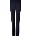 Elegant classic pant in fine, pure dark navy wool - Modern, slim straight cut - Flattering crease detail elongates the silhouette - Tab waist with belt loops and button closure - Pockets at sides and single welt pocket at rear - Comfortable yet polished, an easy, everyday go-to - Pair with button downs, pullovers or a suit jacket