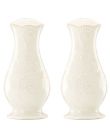 With fanciful beading and a feminine edge, Lenox French Perle salt and pepper shakers have an irresistibly old-fashioned sensibility. Hard-wearing stoneware is dishwasher safe and, in a soft white hue with antiqued trim, a graceful addition to any meal. With fanciful beading and a feminine edge, Lenox French Perle salt and pepper shakers have an irresistibly old-fashioned sensibility. Hard-wearing stoneware is dishwasher safe and, in a soft white hue with antiqued trim, a graceful addition to any meal.