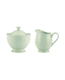With fanciful beading and a feminine edge, this Lenox French Perle sugar and creamer set has an irresistibly old-fashioned sensibility. Hardwearing stoneware is dishwasher safe and, in an ethereal ice-blue hue with antiqued trim, a graceful addition to any meal. Qualifies for Rebate With fanciful beading and a feminine edge, this Lenox French Perle sugar and creamer set has an irresistibly old-fashioned sensibility. Hardwearing stoneware is dishwasher safe and, in an ethereal ice-blue hue with antiqued trim, a graceful addition to any meal. Qualifies for Rebate