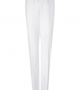 Stylish pant in fine, white cotton and linen blend - Lightweight and soft, feels great against the skin - Slim, narrow cut - Crease detail extends from upper thigh to hem, elongating the silhouette - Tab waist with belt loops and zip fly - Two slit pockets at front, single slit pocket with button at back - A modern, sophisticated classic ideal for work or leisure - Pair with a polo shirt and retro trainers or style with a blazer and dressier lace-ups