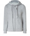 Everyday luxury with this thick Heather grey cotton hoodie - Slim, causal cut with decorative accent stitching - Long arms, open side pockets and front zip - Small front pocket with zip - Classy basic piece - Wear with jeans, chinos or shorts