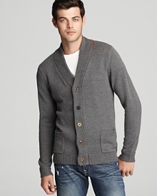 Red cross stitches reveal the artist's hand on this modern cardigan from BOSS Orange, a uniquely handsome addition to your sweater collection.