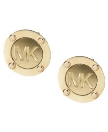 Show your love for MK. Michael Kors' edgy earrings feature stud and logo detail in gold tone mixed metal. Approximate diameter: 1/2 inch. Show your love for MK. Michael Kors' edgy earrings feature stud and logo detail in gold tone mixed metal. Approximate diameter: 1/2 inch.