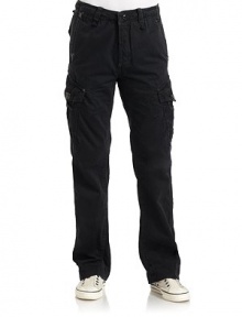 THE LOOKTopstitching detailsMetallic fabric accentsBanded waist with belt loopsFront zip with button tab closureSide seam pocketsSide button flap cargo pocketsSide pipingBack logo patchBack button flap pocketsTHE FITRise, about 11Inseam, about 31THE MATERIALCottonCARE & ORIGINMachine washImported THE LOOKTopstitching detailsMetallic fabric accentsBanded waist with belt loopsFront zip with button tab closureSide seam pocketsSide button flap cargo pocketsSide pipingBack logo patchBack button flap pocketsTHE FITRise, about 11Inseam, about 31THE MATERIALCottonCARE & ORIGINMachine washImported