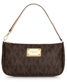 Add some signature style to any ensemble with this logo pattern silhouette from MICHAEL Michael Kors. Outfitted with the iconic MK monogram and luxe golden hardware, this posh piece is the perfect addition to your accessories wardrobe. Add some signature style to any ensemble with this logo pattern silhouette from MICHAEL Michael Kors. Outfitted with the iconic MK monogram and luxe golden hardware, this posh piece is the perfect addition to your accessories wardrobe.