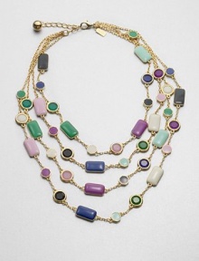 This bib style feature stations in various colors and shapes in a multi-row design. ResinEnamelGoldtoneLength, about 16Lobster clasp closureImported This bib style feature stations in various colors and shapes in a multi-row design. ResinEnamelGoldtoneLength, about 16Lobster clasp closureImported