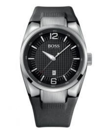 Adventures await. Get going with this sporty watch by Hugo Boss. Black rubber strap and round stainless steel case. Black grid-patterned dial features applied silver tone numerals at twelve and six o'clock,  stick indices, minute track, date window at six o'clock, three hands and logo. Quartz movement. Water resistant to 100 meters. Two-year limited warranty.