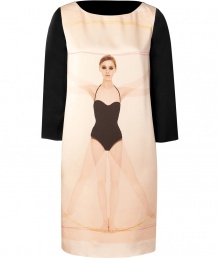 A Pop Art iteration of the famed Da Vinci Vitruvian Man, this ultra-chic Moschino C&C frock is a stylish conversation-starter - Rounded bateau neck, three-quarter contrasting black sleeves, straight silhouette, front print, contrasting black back - Wear with platform pumps and a studded clutch A Pop Art iteration of the famed Da Vinci Vitruvian Man, this ultra-chic Moschino C&C frock is a stylish conversation-starter - Rounded bateau neck, three-quarter contrasting black sleeves, straight silhouette, front print, contrasting black back - Wear with platform pumps and a studded clutch