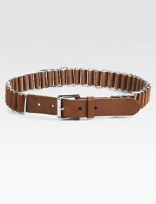 A rich leather strap weaves in and out through polished metal buckles in this striking design.Leather strap and keeperPolished silvertone bucklesWidth, about 1Imported A rich leather strap weaves in and out through polished metal buckles in this striking design.Leather strap and keeperPolished silvertone bucklesWidth, about 1Imported