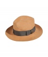Top off your fall ensemble with this classic wool hat from Emilio Pucci - Wide brim, grosgrain band with bow and gold-tone emblem - Pair with skinny jeans, a cashmere pullover, a luxe wool cape, and over-the-knee boots
