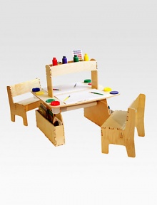 Two budding artists can work together at this beautifully crafted wood art table that makes art a shared experience. Two budding artists can work together at this beautifully crafted wood art table that makes art a shared experience.