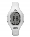 Power hour. This bright white Naloa watch by adidas crafted of polyurethane strap with shiny metallic finish and round plastic case with logo at bezel. Positive display digital dial features time, date, stopwatch and 10-lap memory. Quartz movement. Water resistant to 100 meters. Two-year limited warranty.