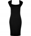 Stylish black cap sleeve dress from Donna Karan - This classically chic dress proves that sometimes less is more - Curve-hugging silhouette, pencil-style skirt, cap sleeves, seaming detail - Wear with patterned tights, a fur-trimmed coat, and platform heels