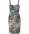 Inject casual ease into your cocktail party look with this ultra modern printed dress from DKNY - Sweetheart neckline, thin adjustable straps, fitted silhouette, contrasting back panel with concealed zip closure, all-over print - Wear with statement sandals and a studded clutch