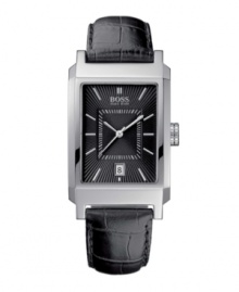 A dapper watch from Hugo Boss that radiates confidence. Black Italian leather strap and stainless steel rectangular case. Black dial with silvertone logo, stick indices and date window. Quartz movement. Water resistant to 30 meters. Two-year limited warranty.