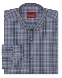 Wear this handsome check dress shirt to the office and then to dinner afterward for an effortless transition, tailored for a slim fit that suits your modern style. Wear this handsome check dress shirt to the office and then to dinner afterward for an effortless transition, tailored for a slim fit that suits your modern style.