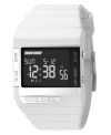 High-tech fashion by Diesel. This unisex watch features a white plastic strap and rectangular case. Black negative display digital dial with time, day, date, seconds, alarm and lap timer. Quartz movement. Water resistant to 50 meters. Two-year limited warranty.