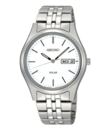 A Seiko watch with a sunny disposition. Stainless steel bracelet and round case. Silver dial features day/date window, logo and stick indices. Ten-month energy storage. Quick-start function and energy depletion warning. Solar quartz movement. Water resistant to 30 meters. Three-year limited warranty. A Seiko watch with a sunny disposition. Stainless steel bracelet and round case. Silver dial features day/date window, logo and stick indices. Ten-month energy storage. Quick-start function and energy depletion warning. Solar quartz movement. Water resistant to 30 meters. Three-year limited warranty.