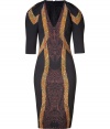 Make a bold statement in this tribal print-laden cocktail frock from Etro - V-neck, 3/4 puff sleeves with printed trim, printed front and back panel with figure-enhancing seaming details, concealed back zip closure - Fitted silhouette - Pair with platform pumps and a chain-detailed clutch