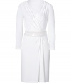 Elegant wrap dress made of synthetic fiber - Stunning summer white - Figure-hugging cut, v-neck and long sleeves - Decorative draping - Interest added with sequin belt - Knee length creates refined look - Perfect for an elegant summer party when paired with slingback stilettos