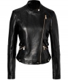 The always favorite moto jacket gets an ultra luxurious remake in Michael Kors jet black leather silhouette, cut to perfection for a close, flattering fit - Snapped stand-up collar, long sleeves, zippered cuffs, front zip, snapped and zippered pockets - Form-fitting - Pair with an elevated jeans-and-tee ensemble, or try over a cocktail frock with sleek heels