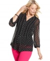 Look darling in Charter Club's three-quarter-sleeve plus size blouse, featuring a polka-dot print!