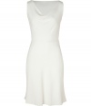 Luxe cocktail dress in fine, ivory synthetic fiber - Soft, lightweight fabric falls beautifully - Sleeveless sheath style with elegantly draped cowl neck - Slim, curve-defining cut creates a flattering silhouette - Knee-length skirt flares gently at hem - Zips at side - Ideal for parties, dinners and evenings out - Pair with open toe heels or sandals and a colorful clutch