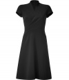 The epitome of elegance, this drape-detailed party-ready dress from Ralph Lauren Collection is subtle yet stunning - Stand collar, V-neck, cap sleeves, asymmetric drape with gathered side detail, fitted bodice, full swing skirt, concealed back zip closure - Style with a slim trench, platform pumps, and a statement satchel