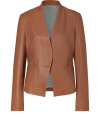 Luxe blazer in supple caramel leather - Both incredibly elegant and relaxed, on-trend and effortlessly cool - Slim silhouette tapers at waist, hits just below hip - V neck, single-welt front pockets, grey fabric lining - Great for both day and evening, in the office or after work - Pair with maxi skirts, jeans or classic trousers