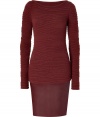 Wool and leather come together to create this stylish, richly-textured dress - Designed in dark red angora wool and lambskin - Narrowly-tailored with a round neck and fitted, long sleeves - Decorative stitching - Sexy, tight leather skirt falls at knee - Ultimate fashionista dress - Pair with booties, pumps or sandals