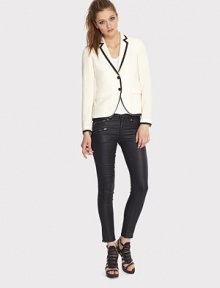 Lightweight blazer has contrast trim, front flap pockets and a back vent for extra mobility. Notched lapelButton frontFront flap pocketsLong sleeves with buttoned cuffsBack ventFully linedAbout 23 from shoulder to hem77% triacetate/23% polyesterDry cleanMade in USA of imported fabricModel shown is 5'10 (177cm) wearing US size 2. Lightweight blazer has contrast trim, front flap pockets and a back vent for extra mobility. Notched lapelButton frontFront flap pocketsLong sleeves with buttoned cuffsBack ventFully linedAbout 23 from shoulder to hem77% triacetate/23% polyesterDry cleanMade in USA of imported fabricModel shown is 5'10 (177cm) wearing US size 2.