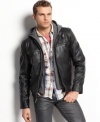 Channel style from the classics with this updated faux-leather motorcycle jacket from Guess.