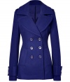 Inject deep color into your outerwear favorites with Rachel Zoes tailored pea coat, detailed with  metal accented hardware for a chic, eye-catching finish - Notched collar, long sleeves, buttoned tabbed cuffs, epaulettes, double-breasted button-down front, slit pockets, back sash, back vent - Slim tailored fit - Wear with casual separates and neutral-hued accessories