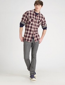 A contemporary update on an old favorite, now with a slender silhouette in grey-washed denim. Five-pocket style Zip fly Inseam, about 33½ 98% cotton/2% elastane; dry clean Made in USA A contemporary update on an old favorite, now with a slender silhouette in grey-washed denim. Five-pocket style Zip fly Inseam, about 33½ 98% cotton/2% elastane; dry clean Made in USA