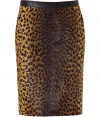 Bring rock n roll glam to your day-to-night style with this luxe leopard print calf hair skirt from Joseph - Leather waistband, pencil silhouette, leopard print calf hair, zip pockets, back vent concealed side zip closure - Pair with a tie-neck blouse, a blazer, and platform heels