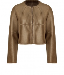 Finish your look with a shimmer of shearling in Paule Kas richly tinted cropped leather jacket - Collarless, long sleeves, front hook closures, raw edges, fitted - Pair with tailored sheaths and platform pumps