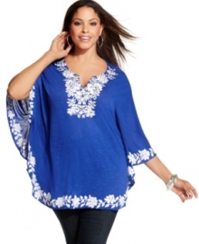 Flaunt your love of boho style with INC's batwing sleeve plus size top, accented by charming embroidery.